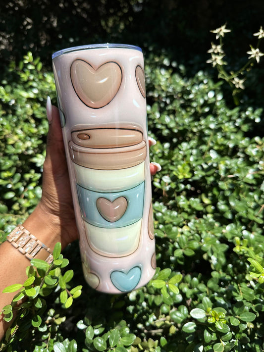 Coffee Lover's Dream: Baby Blue Stripe and Sweet Brown Hearts Inside Your Tumbler